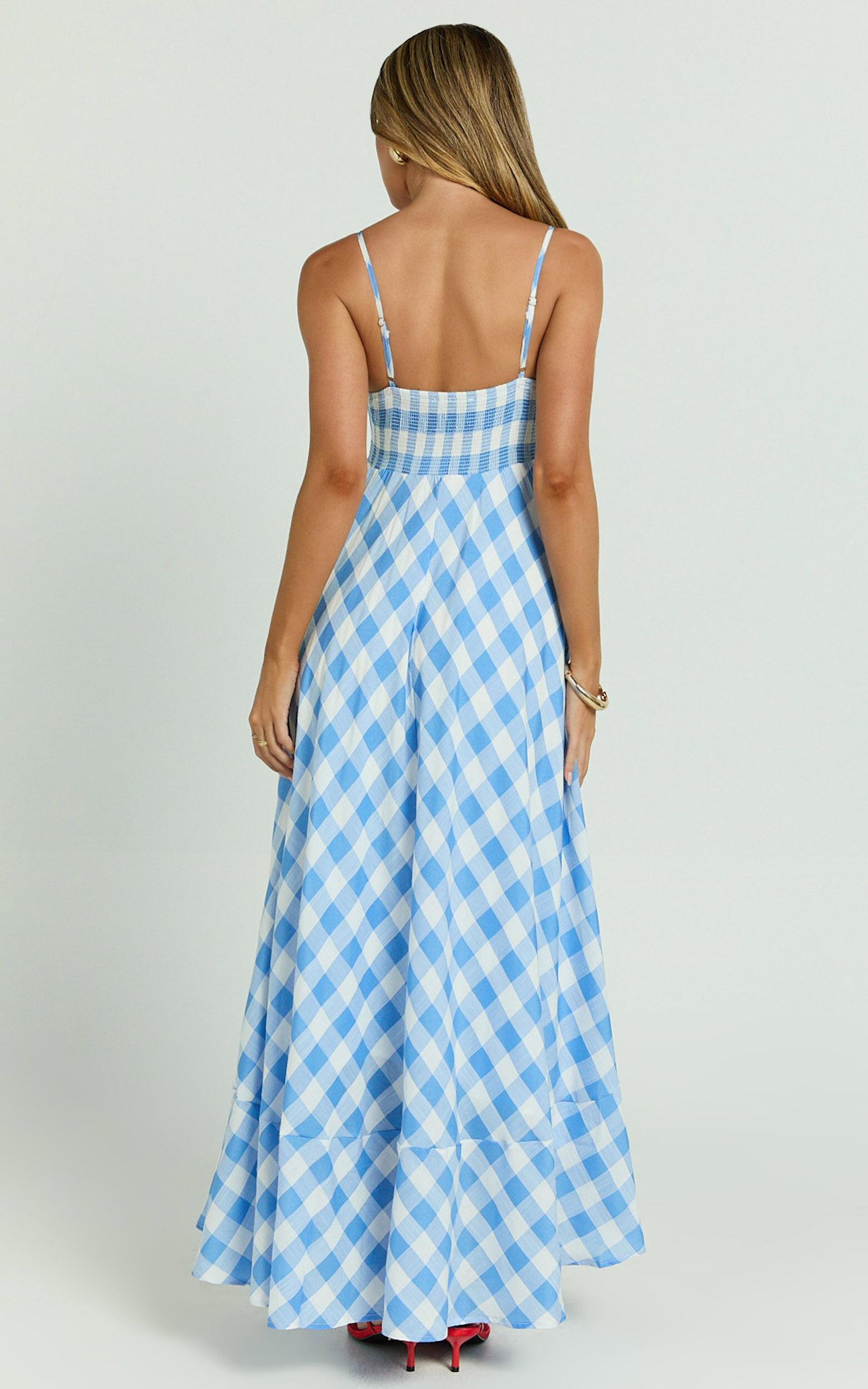 Katrien Maxi Dress - Strappy Empire Waist Flare Dress in Blue Check Product Image