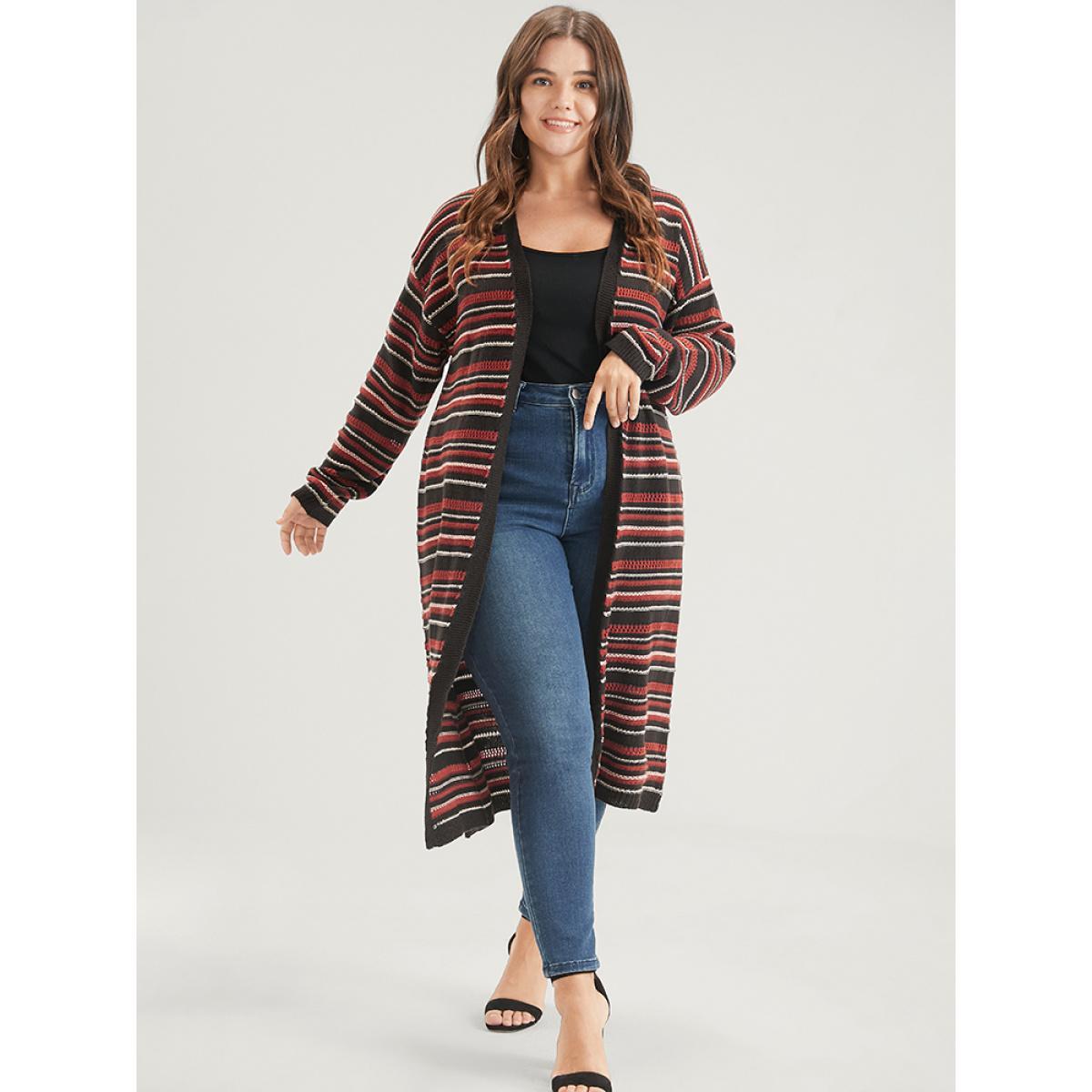 Plus Size Striped Contrast Pointelle Knit Pocket Open Front Long Cardigan Multicolor Women Casual Loose Long Sleeve Dailywear Cardigans BloomChic 14-16/1X Product Image