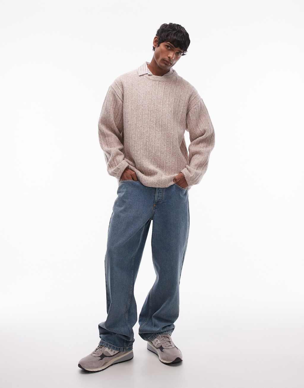 Topman crew neck sweater in oat rib Product Image