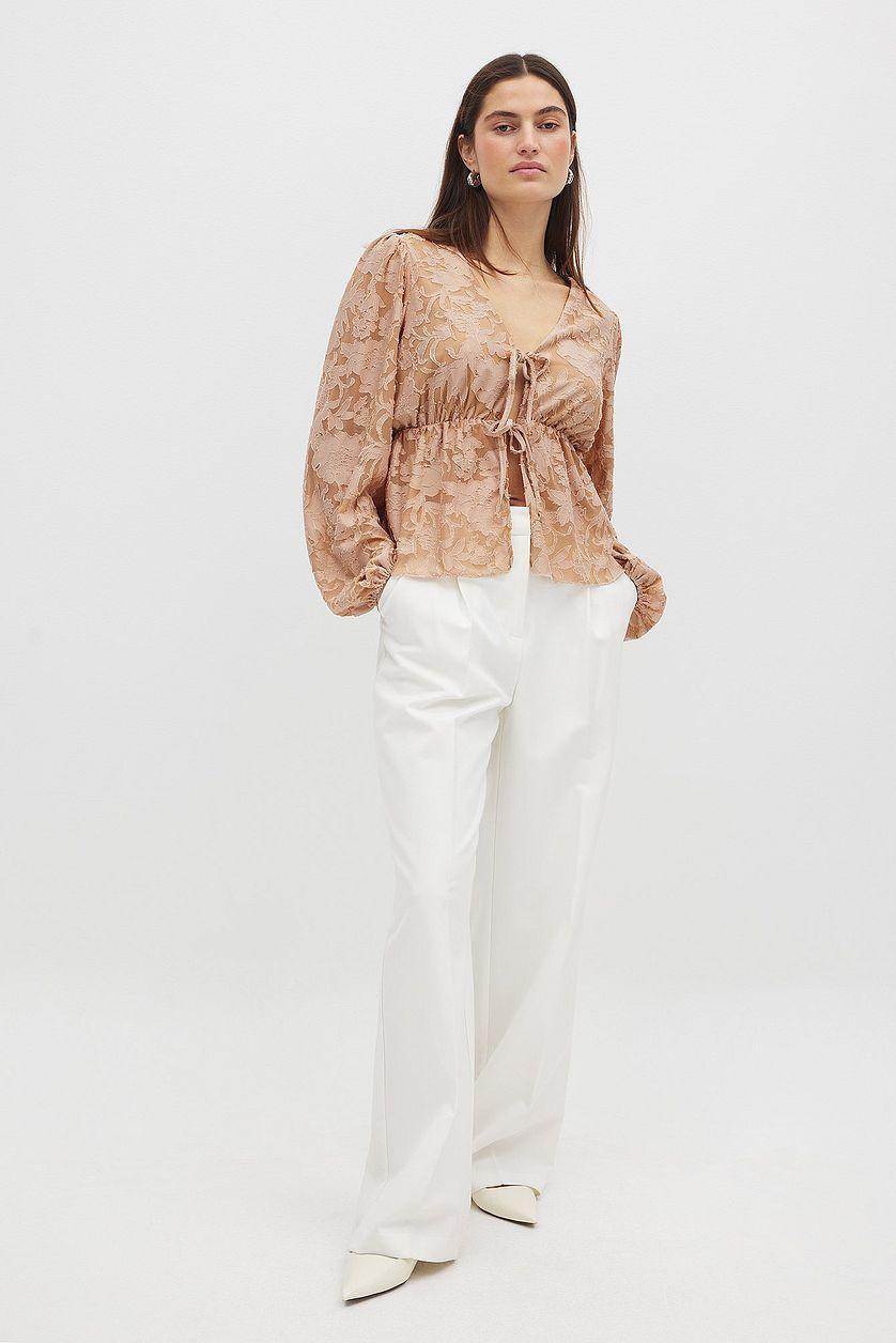 Burn Out Puff Sleeve Top Beige Product Image