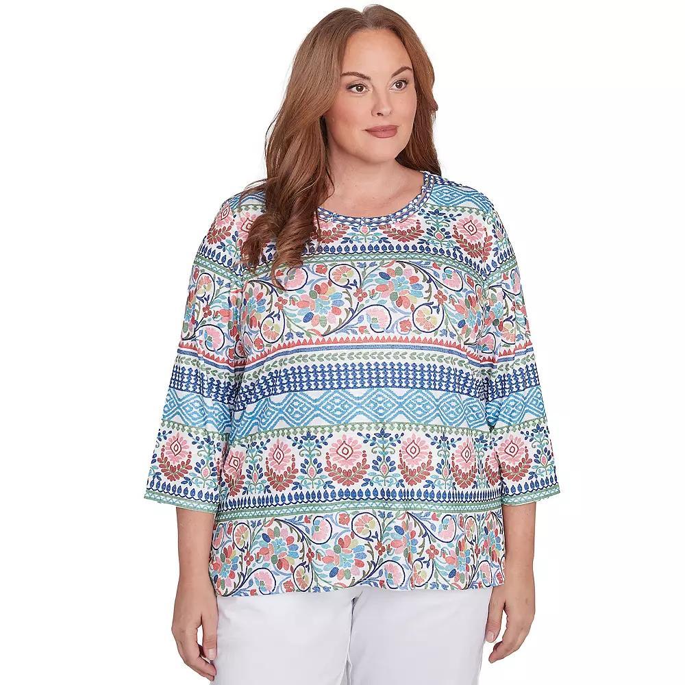 Plus Size Alfred Dunner Knit Scroll Geometric Crewneck Top, Womens Blue Team Product Image