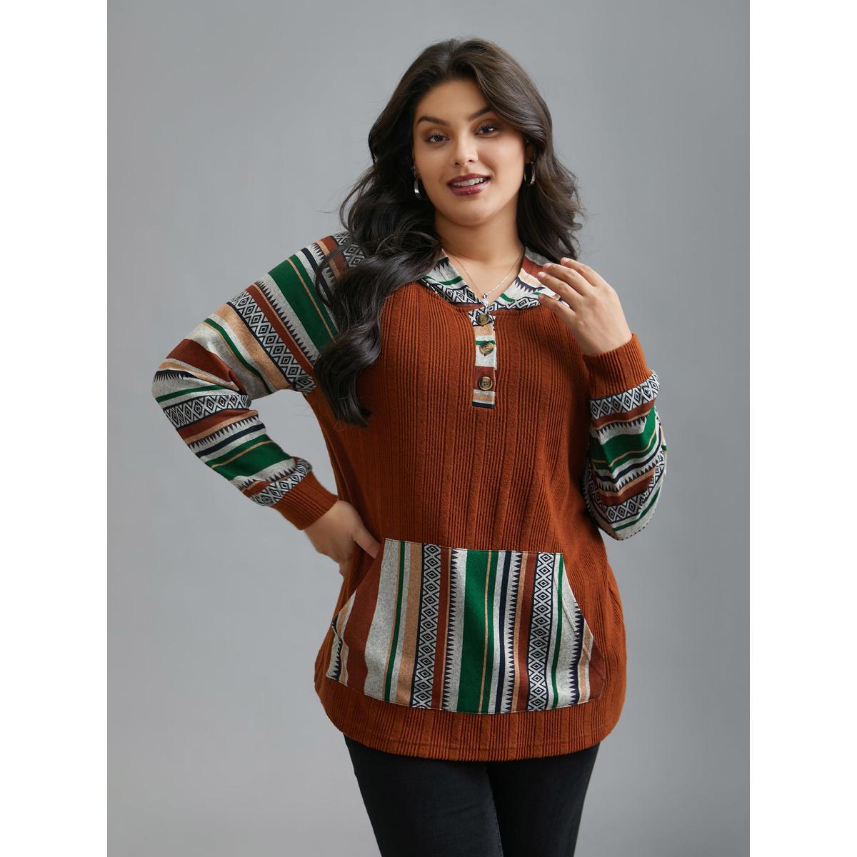 Plus Size Striped Spliced Pocket Hooded T-Shirt Rust Women Casual Texture Hooded Everyday T-shirts BloomChic 12/L Product Image