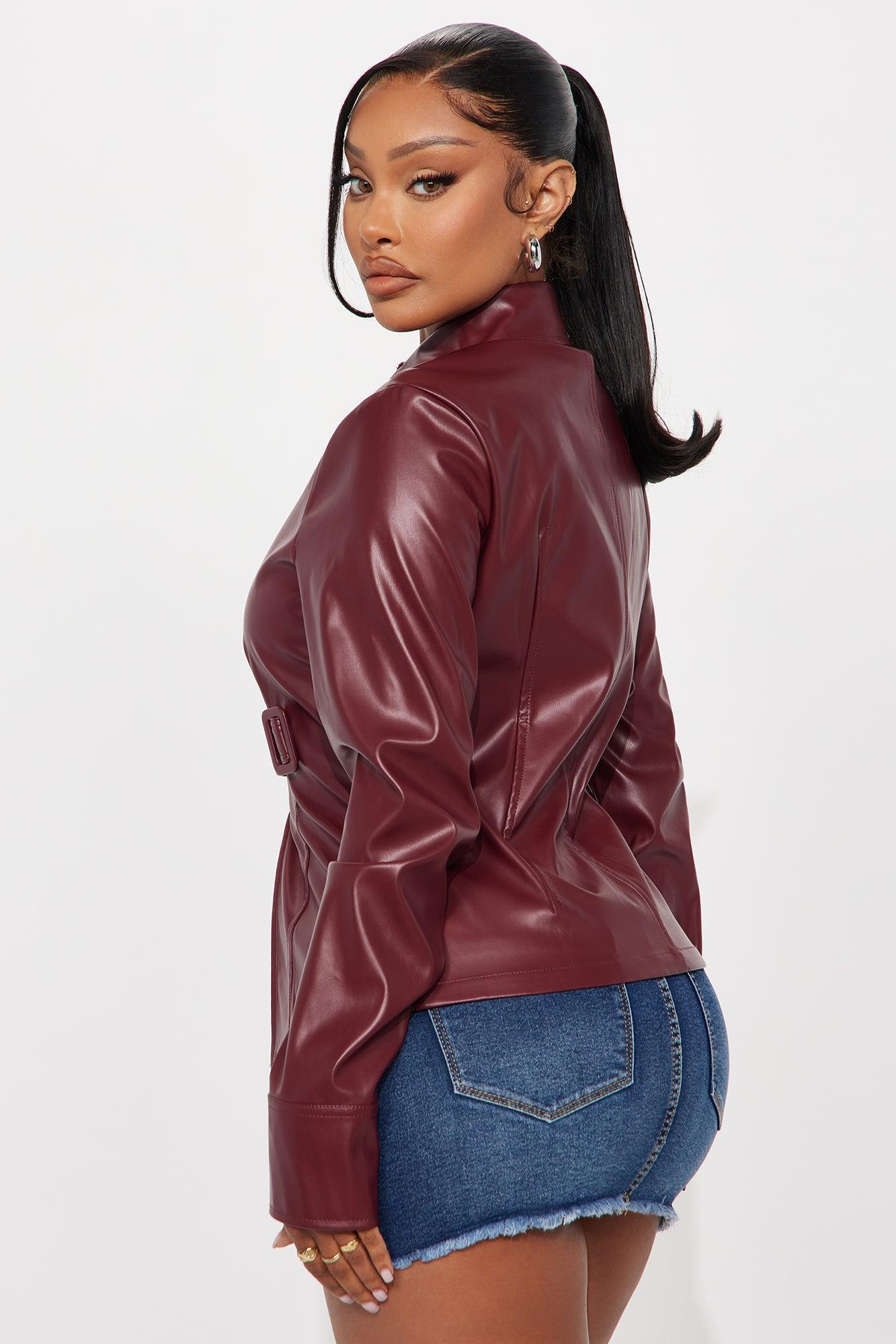 On A Mission Faux Leather Belted Blazer Top - Burgundy Female Product Image