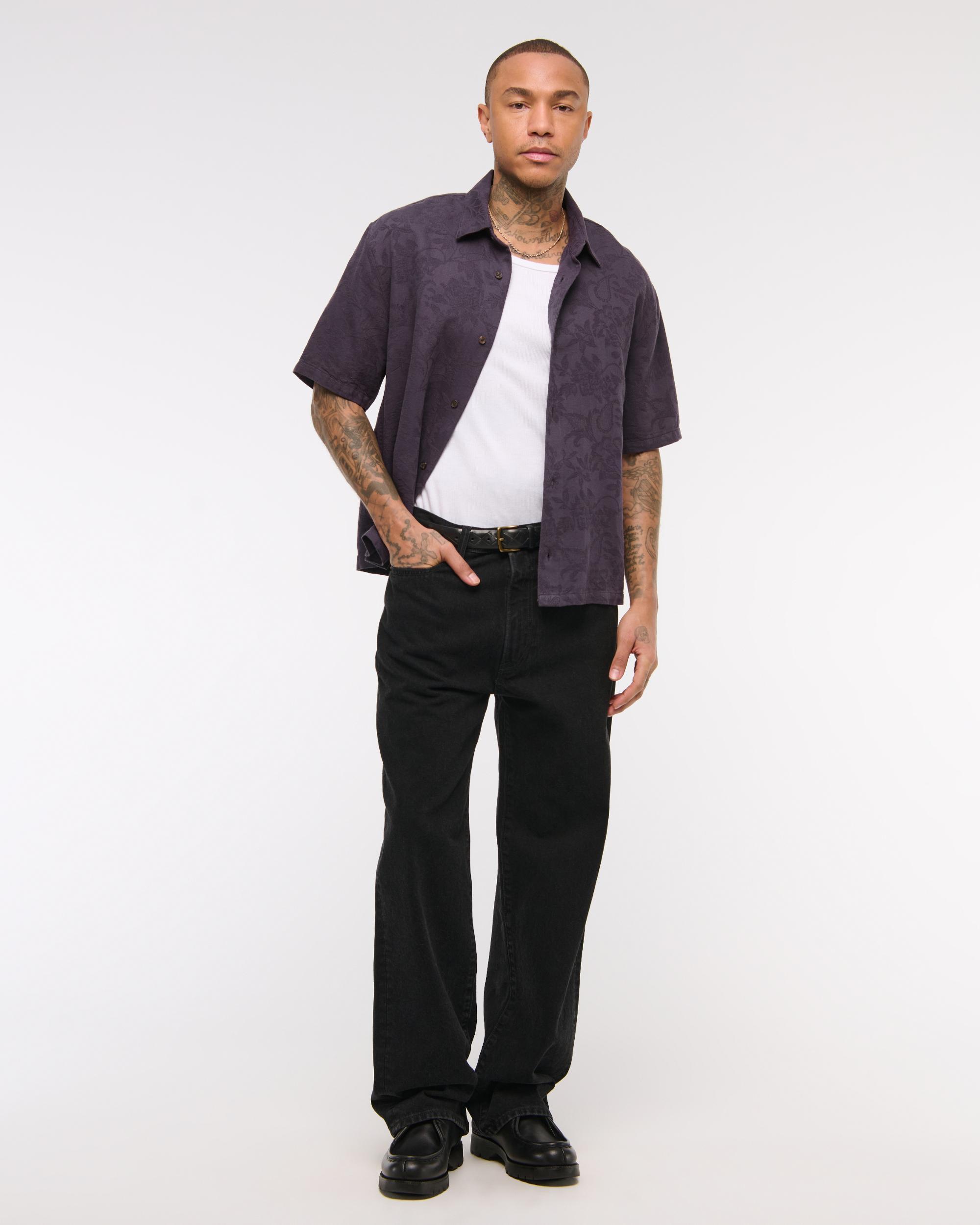Short-Sleeve Cropped Jacquard Button-Up Shirt Product Image