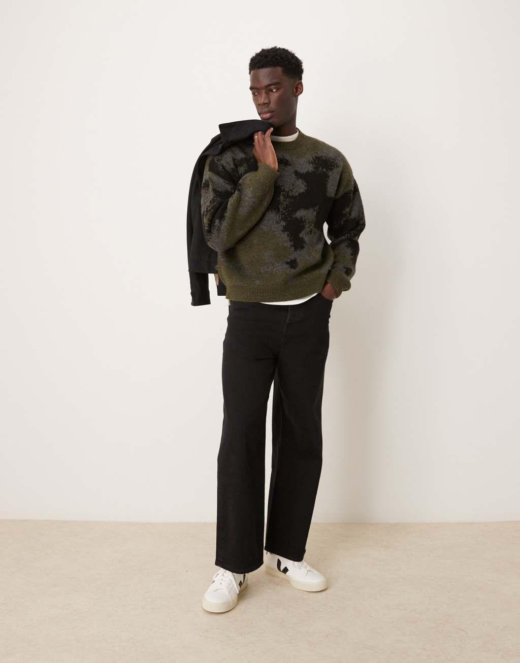 ASOS DESIGN relaxed boxy fit knit crew neck sweater with pattern in black Product Image