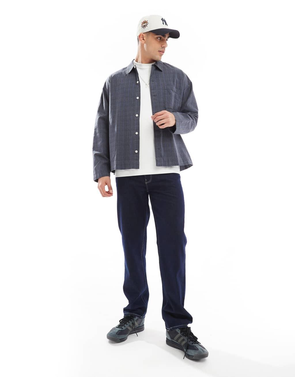 Jack & Jones boxy plaid shirt in navy Product Image