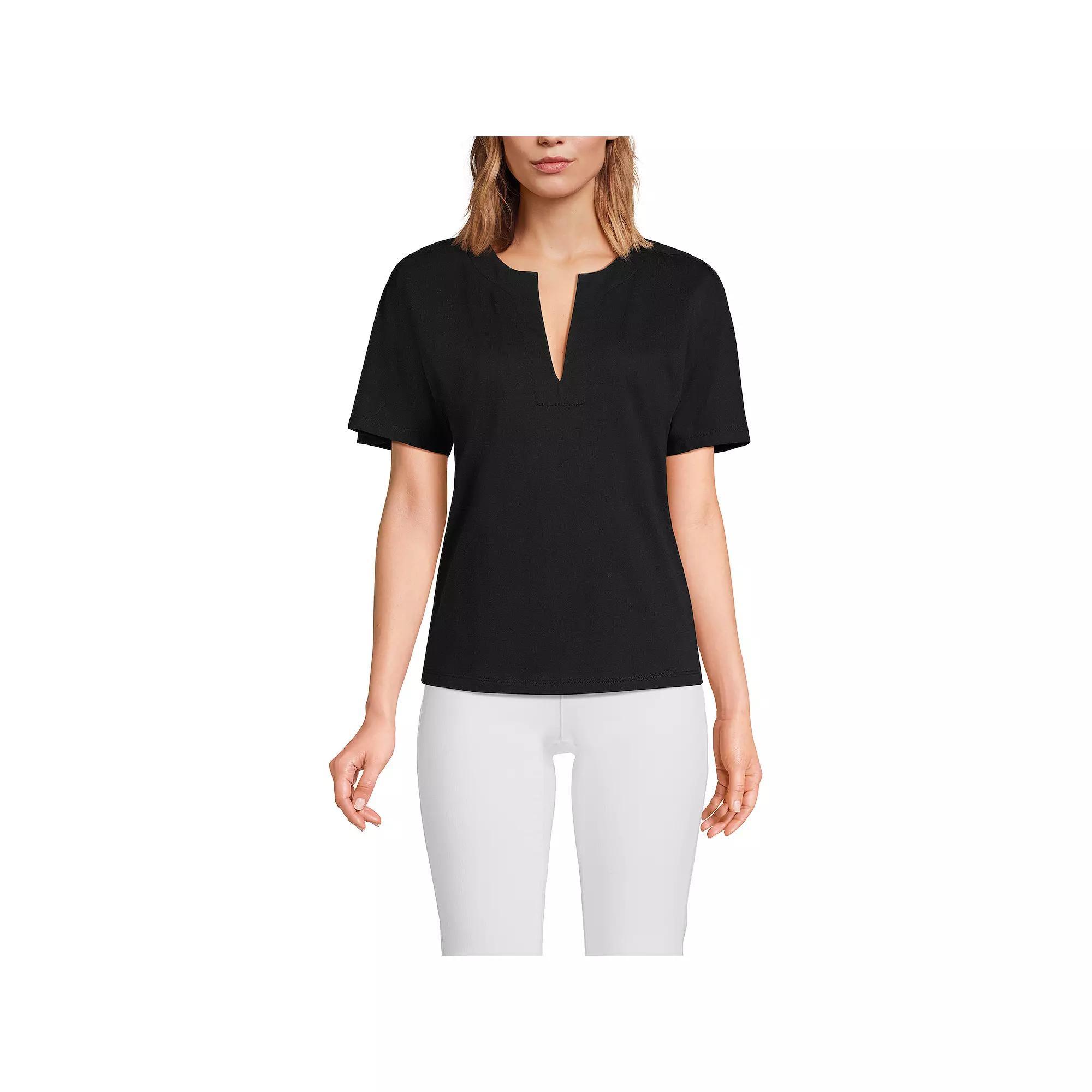 Women's Lands' End Short Sleeve Supima Notch Neck T-shirt, Size: Medium, Black Product Image