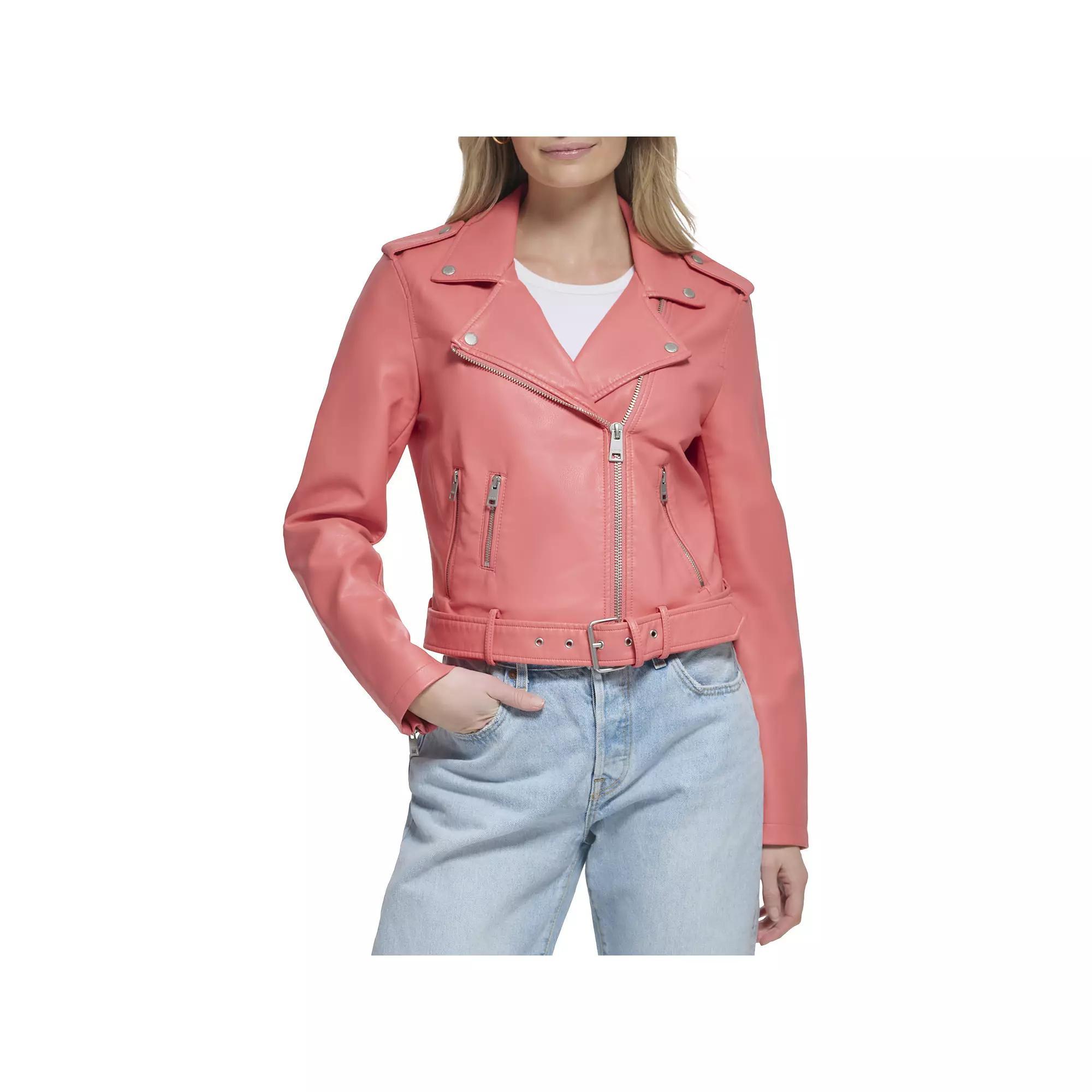 Womens Levis Belted Faux Leather Motorcycle Jacket Pink Product Image
