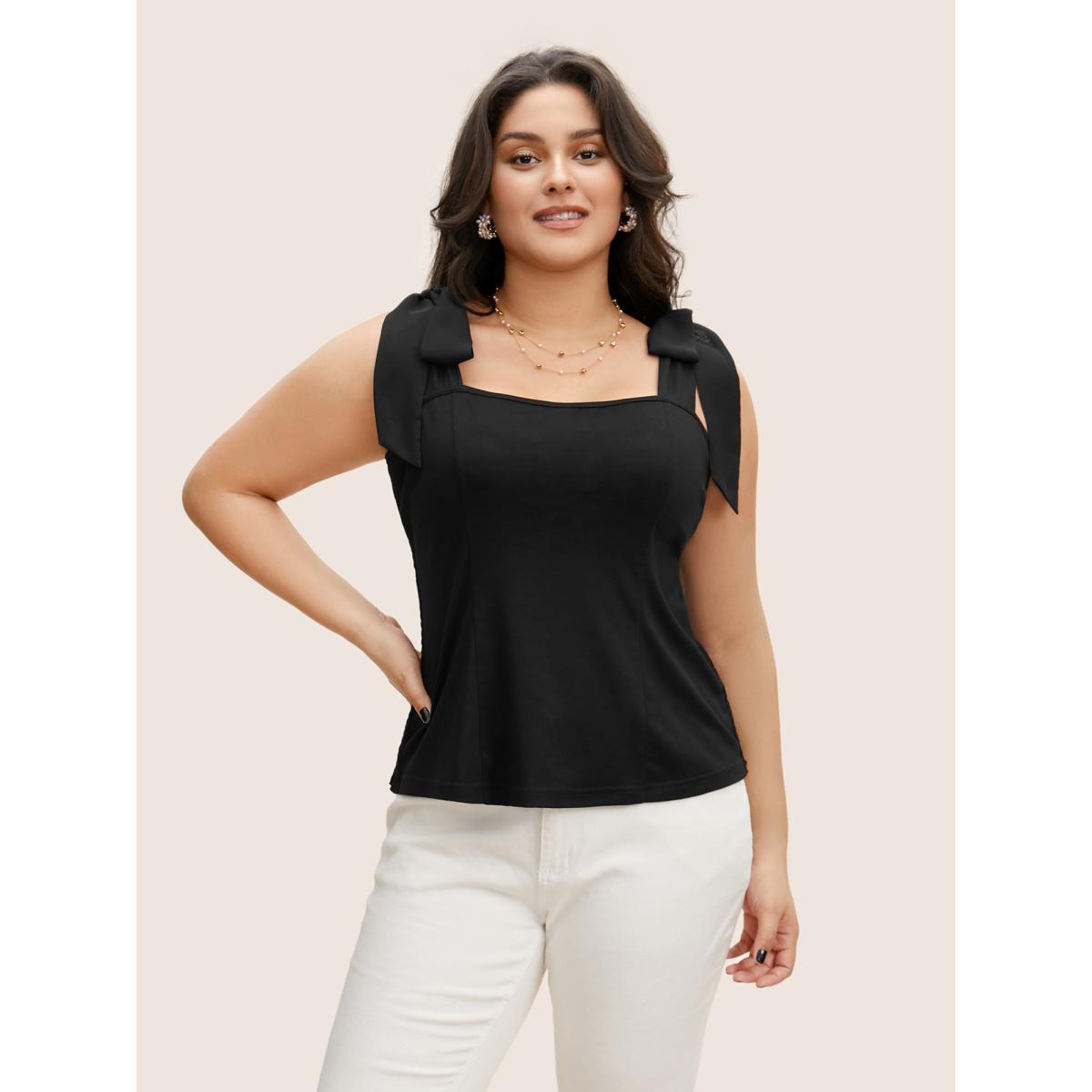 Plus Size Plain Square Neck Tie Knot Tank Top Women Black Elegant Tie knot Non Everyday Tank Tops Camis BloomChic 14-16/1X Product Image