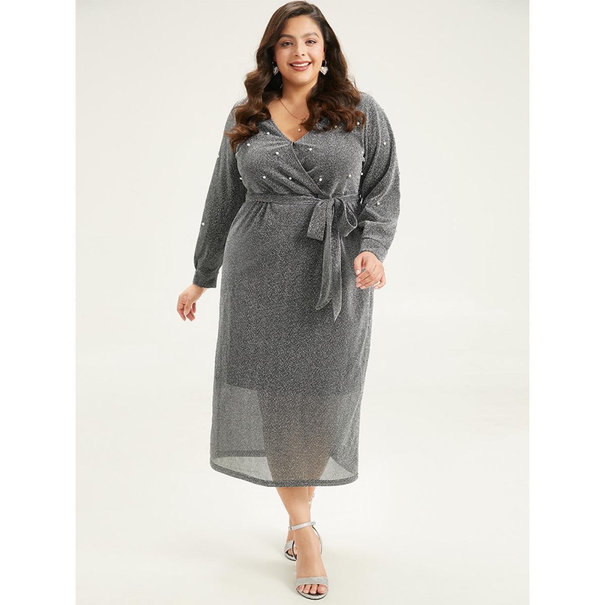 Plus Size V Neck Pearl Beaded Belted Dress DimGray Women Party Wrap Overlap Collar Long Sleeve Curvy Midi Dress BloomChic 28/5X Product Image