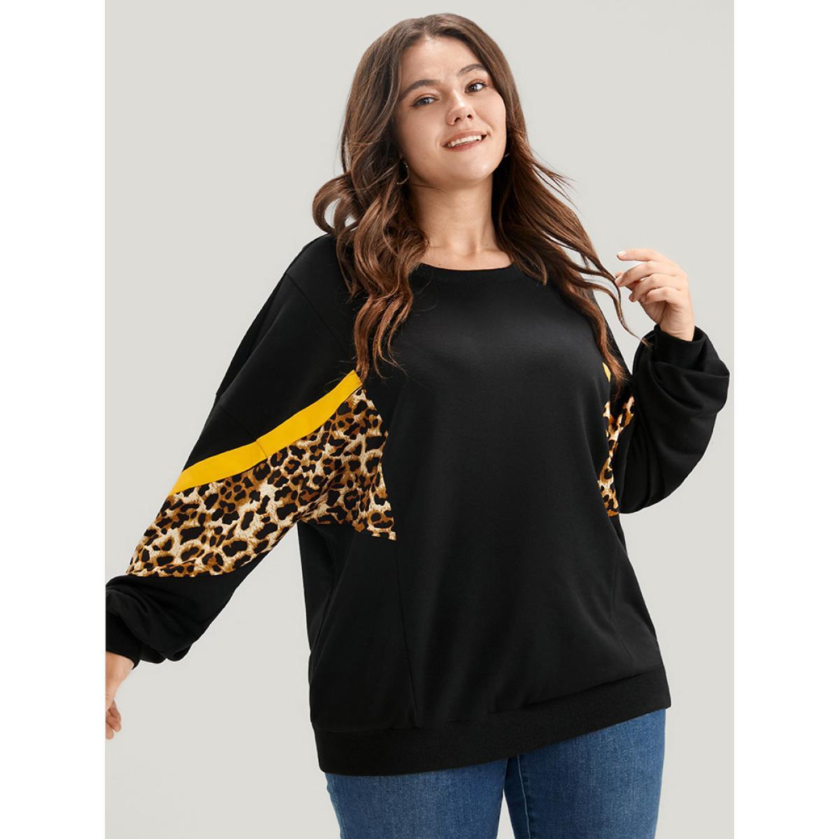 Plus Size Leopard Patchwork Contrast Lantern Sleeve Sweatshirt Women Black Casual Contrast Round Neck Dailywear Sweatshirts BloomChic 22-24/3X Product Image