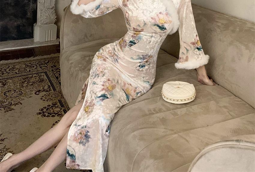 Long-Sleeve Fleece Trim Floral Print Maxi Sheath Dress Product Image
