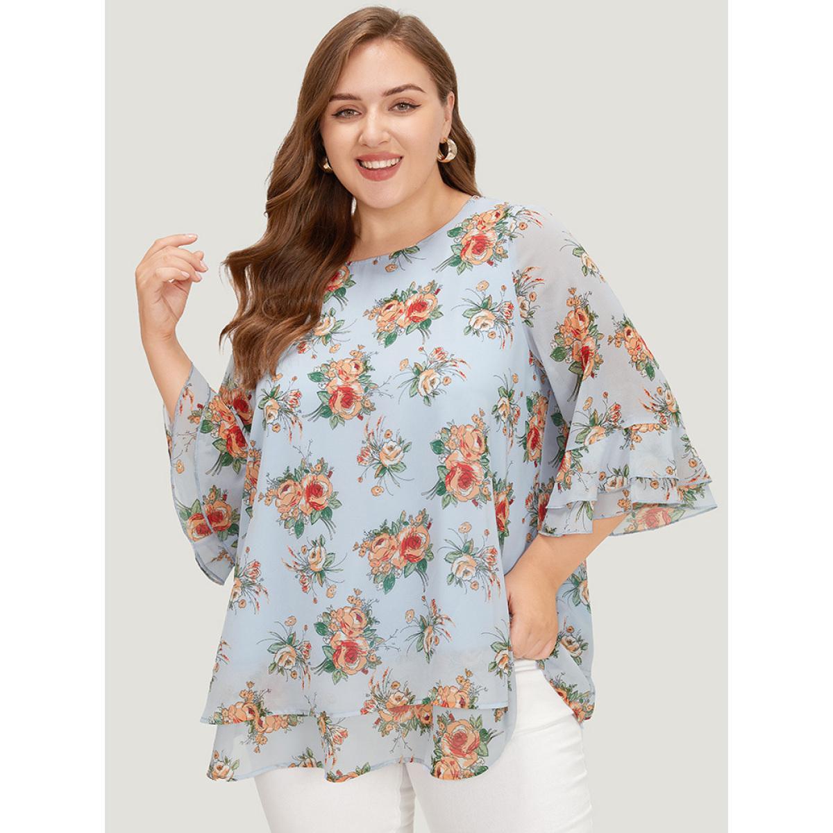 Plus Size LightBlue Floral Ruffle Sleeve Layered Hem Blouse Women Elegant Elbow-length sleeve Round Neck Dailywear Blouses BloomChic 26/4X Product Image