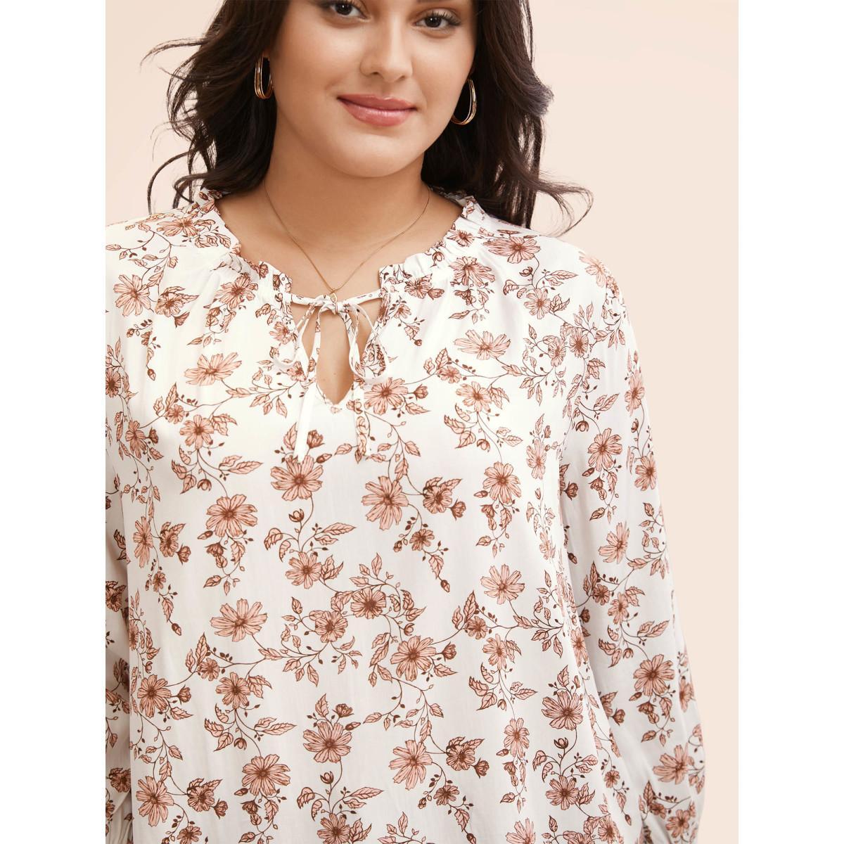 Plus Size Multicolor Floral Tie Knot Ruffle Trim Blouse Women Elegant Long Sleeve V-neck Everyday Blouses BloomChic 10/M Product Image