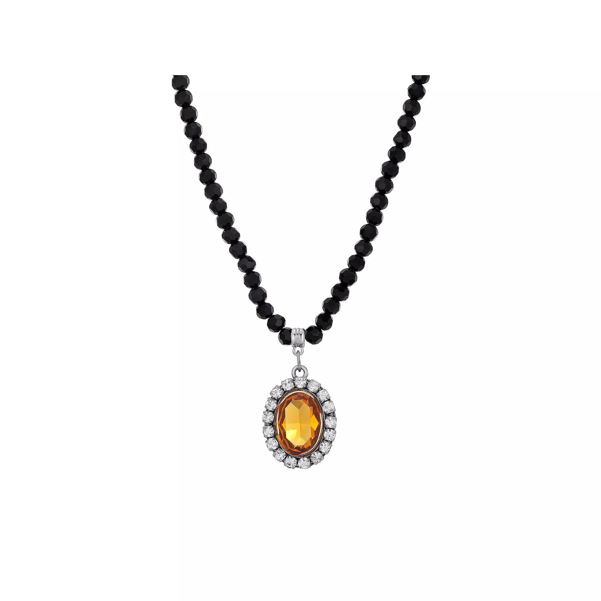 1928 Silver Tone Crystal Black Beaded Necklace, Womens, Blue Product Image