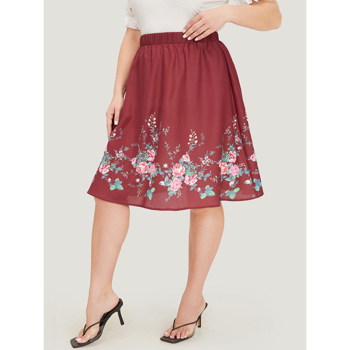 Plus Size Floral Print Pocket Flutter Hem Skirt Women Burgundy Elegant Printed No stretch Pocket Dailywear Skirts BloomChic 22-24/3X Product Image