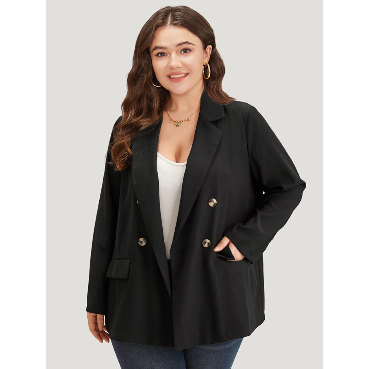 Plus Size Plain Suit Collar Pocket Double Breasted Blazer Black Women Work Plain Plain Sleeve Long Sleeve Suit Collar 18-20/2X Pocket Workwear Essentials Blazers BloomChic Product Image