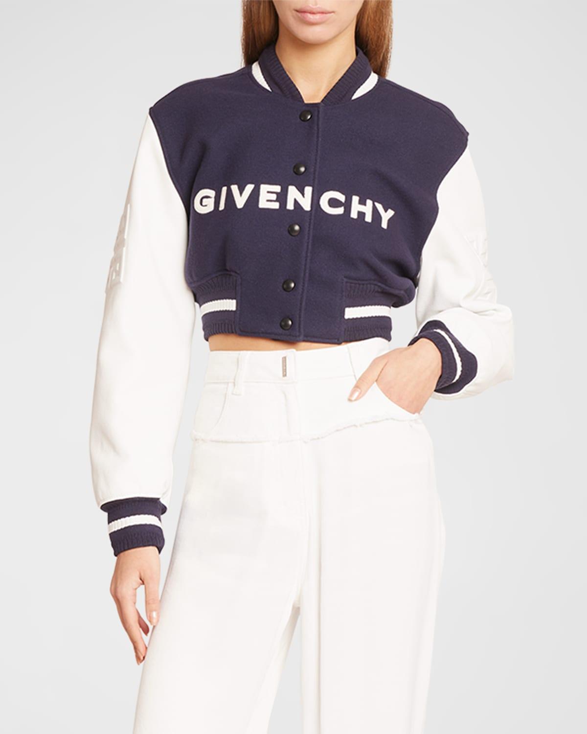 Mixed-Media Logo-Embroidered Crop Bomber Jacket Product Image