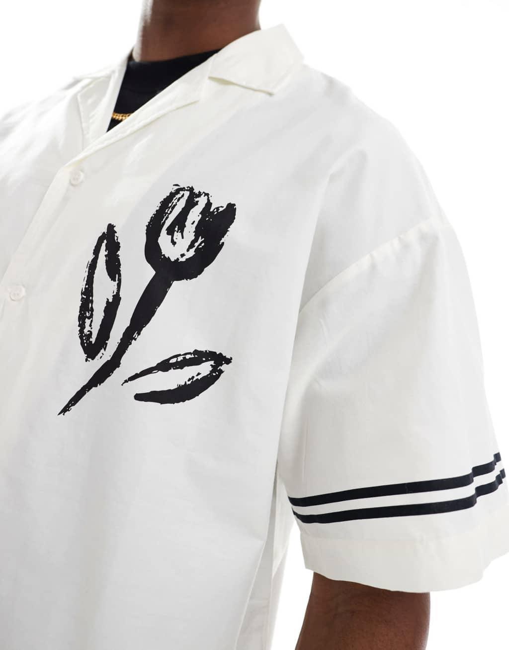 ADPT oversized camp collar shirt with flower placement print in white Product Image