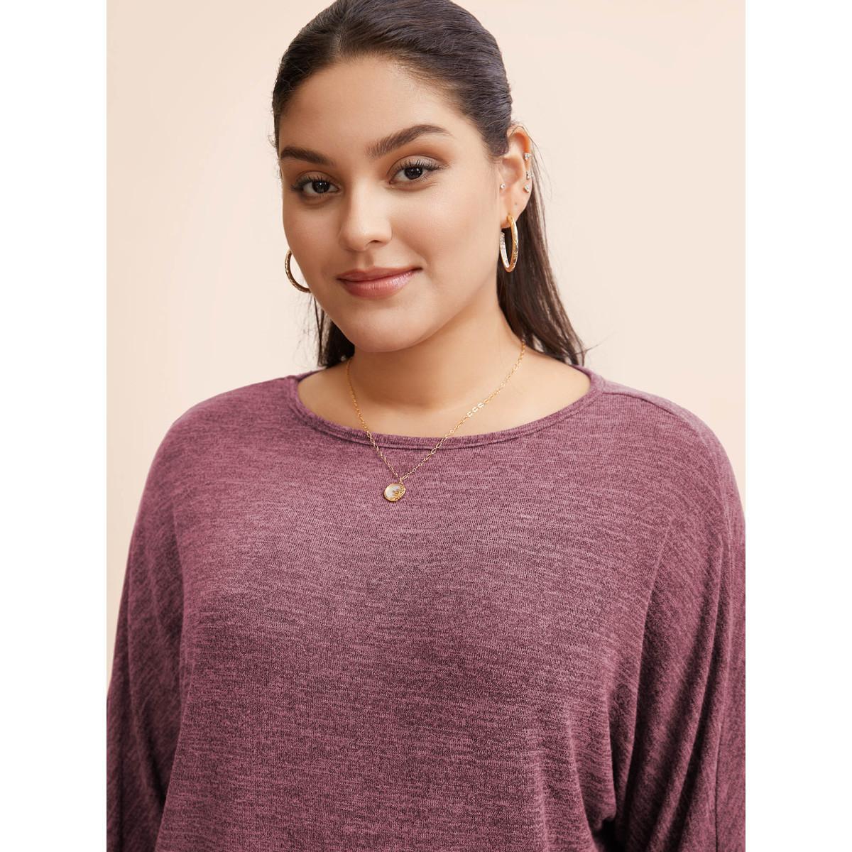 Plus Size Plain Heather Elastic cuffs Dolman Sleeve T-shirt Russet Women Casual Elastic cuffs Plain Round Neck Everyday T-shirts BloomChic 22-24/3X Product Image
