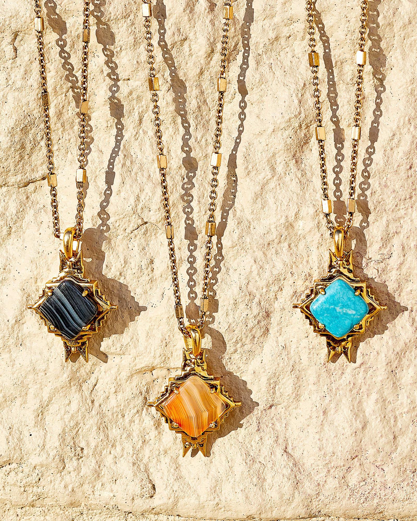 Cass Vintage Gold Long Pendant Necklace in Variegated Dark Teal Magnesite Product Image