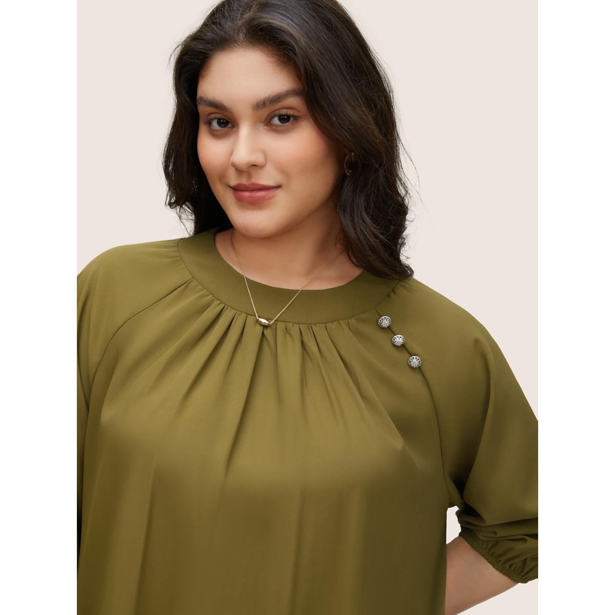 Plus Size ArmyGreen Static-Free Plain Gathered Button Detail Blouse Women At the Office Elbow-length sleeve Round Neck Work Blouses BloomChic 12/L Product Image