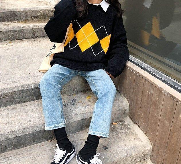 Crew-Neck Argyle Oversized Sweater Product Image