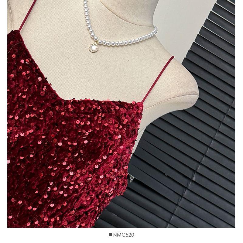 Velvet Sequined Sleeveless V-Neck Maxi Dress Product Image