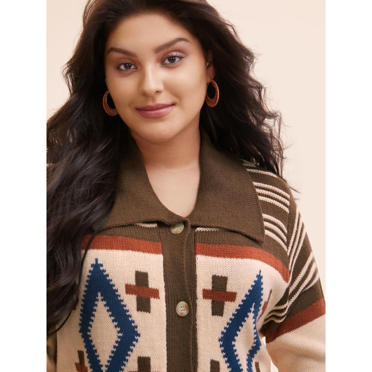 Plus Size Geometric Pattern Collared Front Button Cardigan Multicolor Women Casual Loose Long Sleeve Everyday Cardigans BloomChic 14-16/1X Product Image