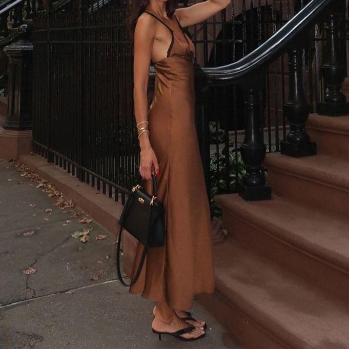 Spaghetti Strap V-Neck Bow Frill Satin Maxi Sheath Dress Product Image