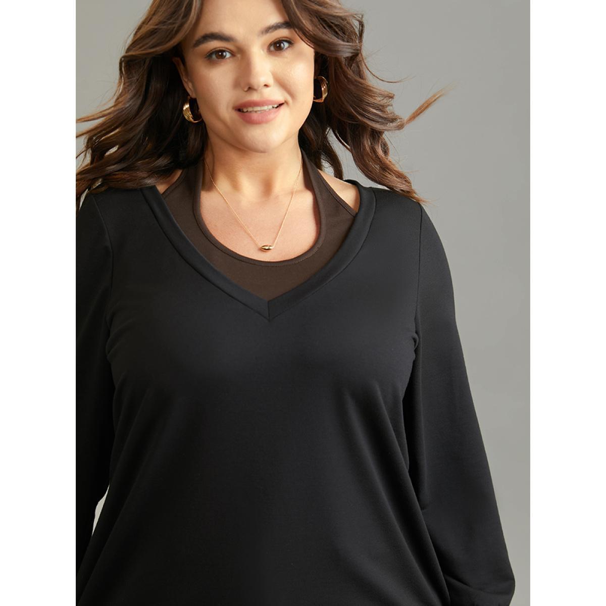 Plus Size Halter 2-In-1 Patchwork Sweatshirt Women Black Casual Plain Halter neck Everyday Sweatshirts BloomChic 22-24/3X Product Image