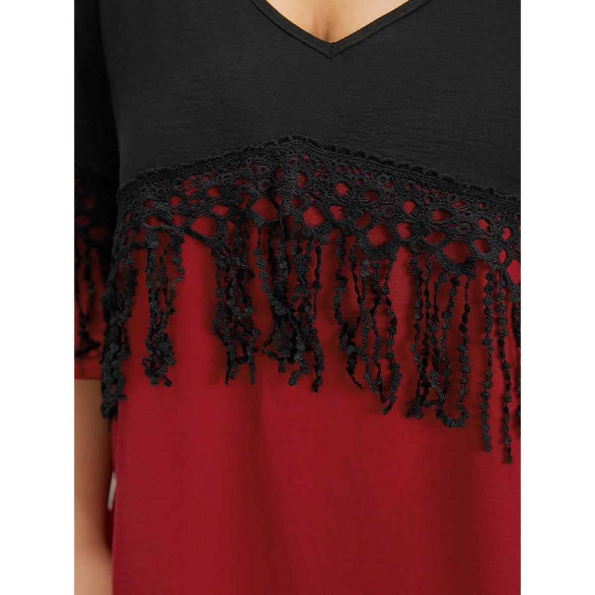 Plus Size Black Halloween Two Tone Fringe Trim Patchwork Blouse Women Elegant Short sleeve V-neck Festival-Halloween Blouses BloomChic 10/M Product Image
