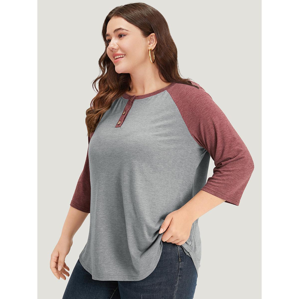 Plus Size Two Tone Button Up Raglan Sleeve T-shirt Gray Women Casual Contrast Plain Round Neck Dailywear T-shirts BloomChic 14-16/1X Product Image