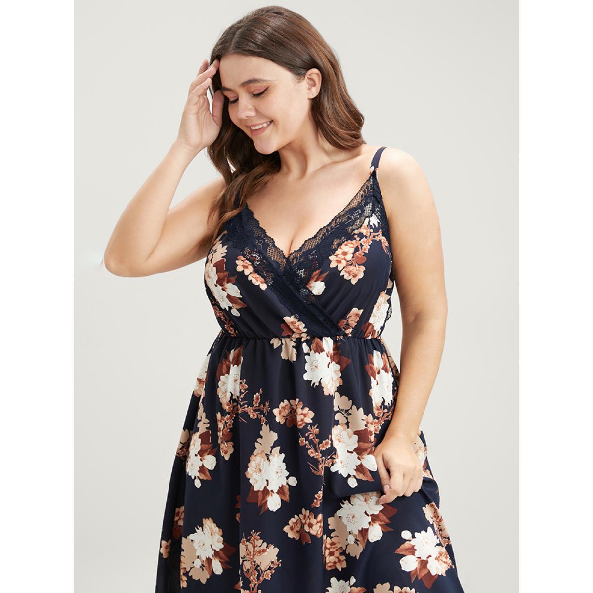 Plus Size Floral Wrap Lace Trim Cami Night Dress Women DarkBlue Elegant Floral Elastic Waist V-neck Loungewear BloomChic 14-16/1X Product Image
