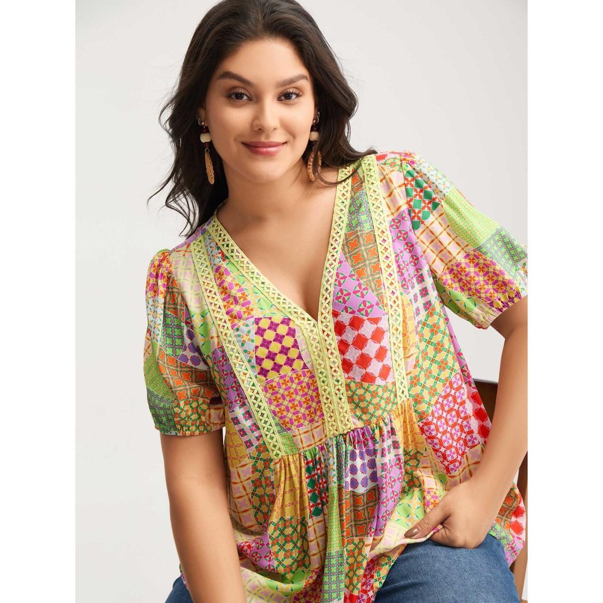 Plus Size Multicolor Vibrant Collage Print Babydoll Top Women Short sleeve Deep V-neck Vacation Blouses BloomChic 18-20/2X Product Image