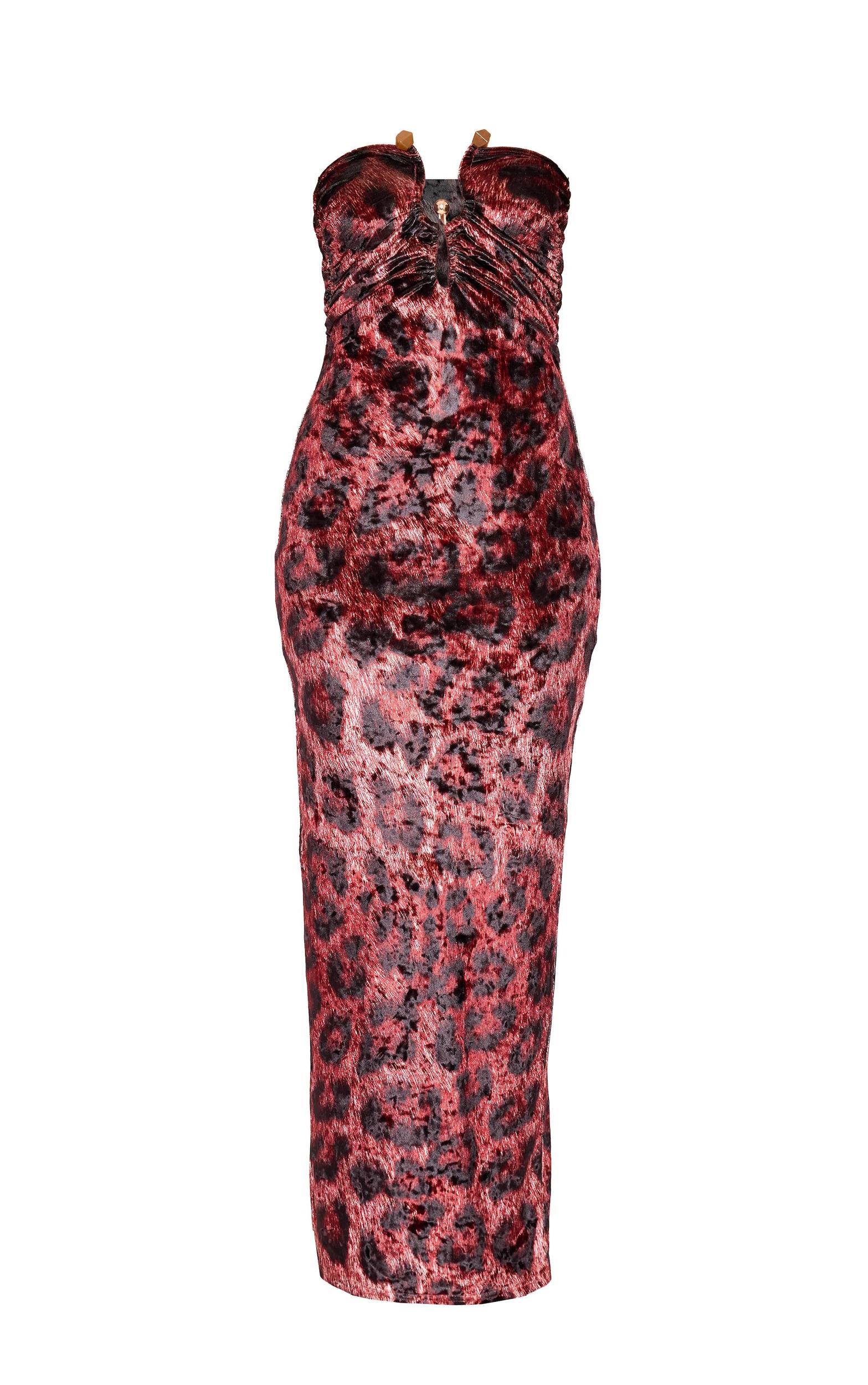 Petite Red Leopard Print Velvet Trim Detail Maxi Dress Product Image