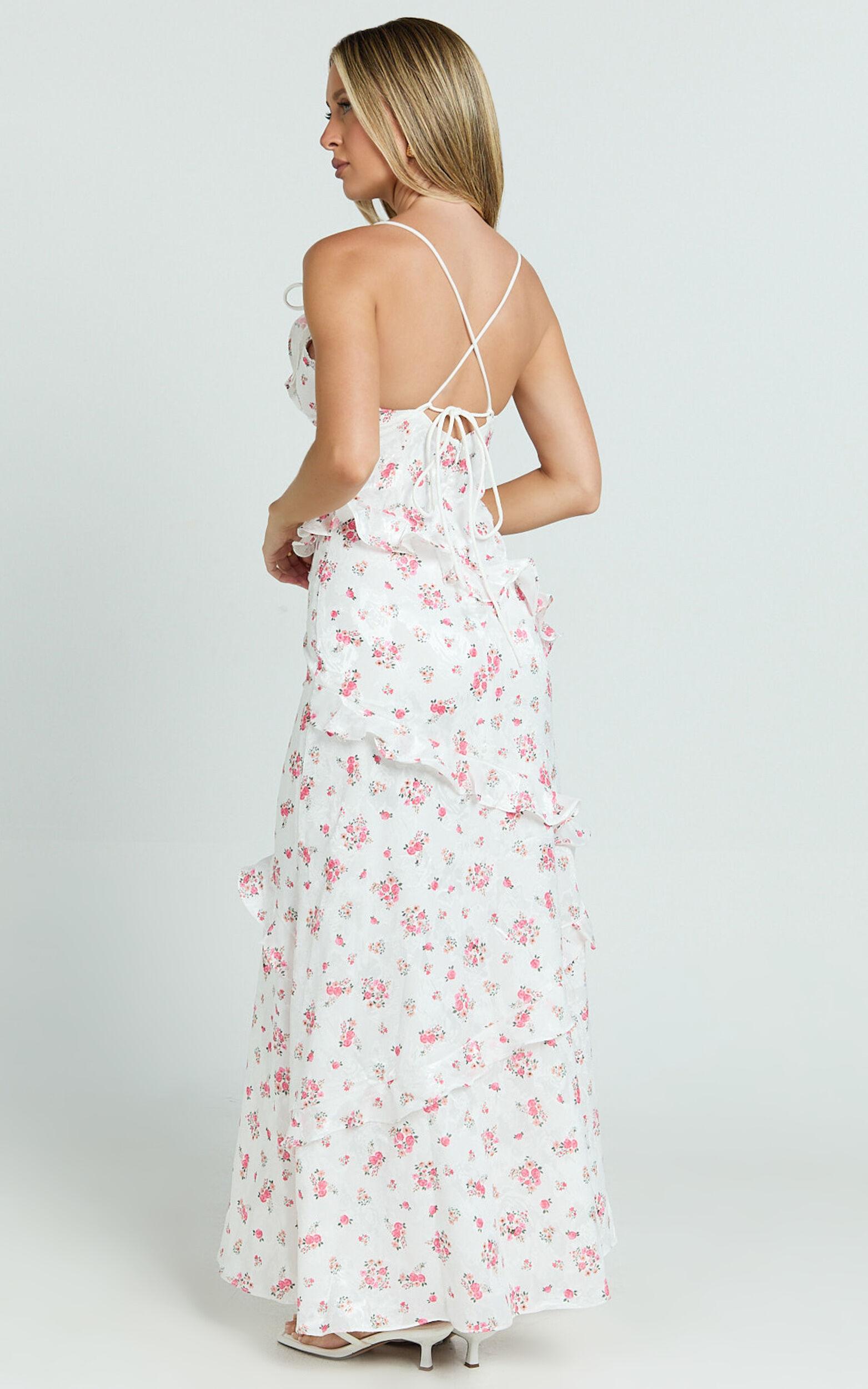 Justine Maxi Dress - Jacquard V Neck Ruffle Tiered  Dress in Romantic Ditsy Print Product Image
