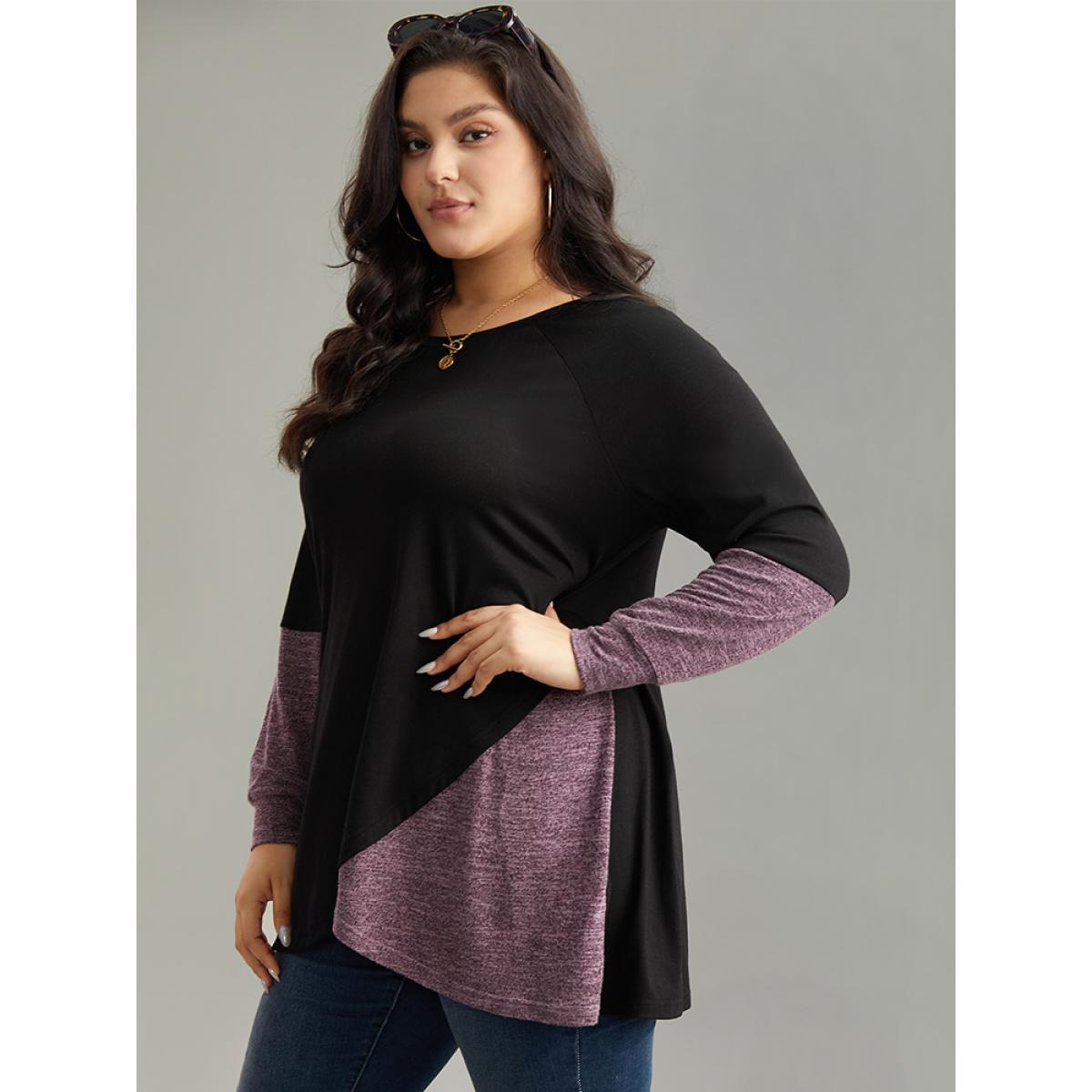 Plus Size Two Tone Patchwork Heather Arc Hem T-shirt Black Women Casual Contrast Plain Round Neck Dailywear T-shirts BloomChic 26/4X Product Image