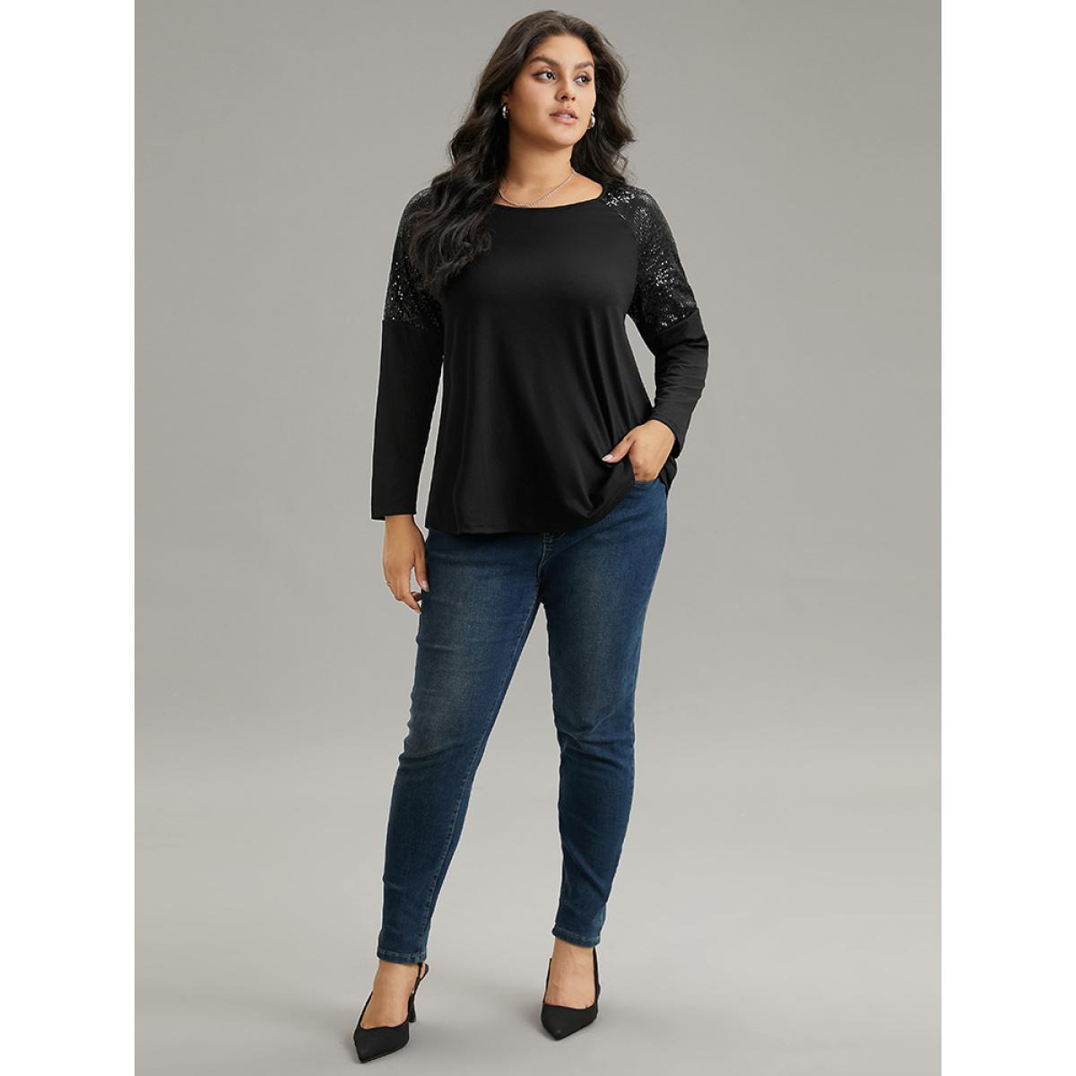 Plus Size Sequin Patchwork Raglan Sleeve T-shirt Black Women Elegant Sequin Galaxy Round Neck Dailywear T-shirts BloomChic 30/6X Product Image