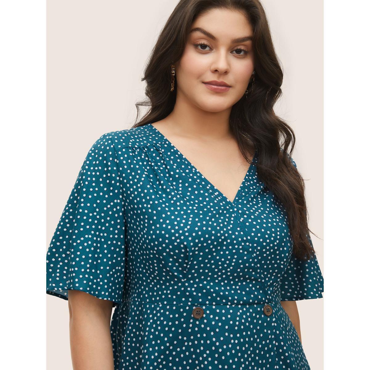 Plus Size Arctic Solid Button Detail Ruffle Sleeve Gathered Blouse Women At the Office Short sleeve V-neck Work Blouses BloomChic 22-24/3X Product Image