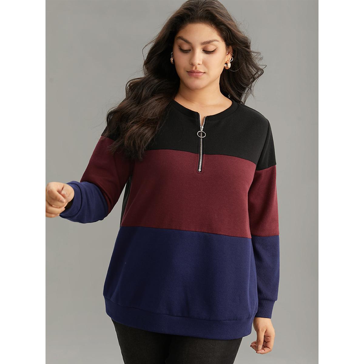 Plus Size Colorblock Contrast O Ring Zipper Sweatshirt Women Black Casual Rib Knit Open Front Dailywear Sweatshirts BloomChic 12/L Product Image