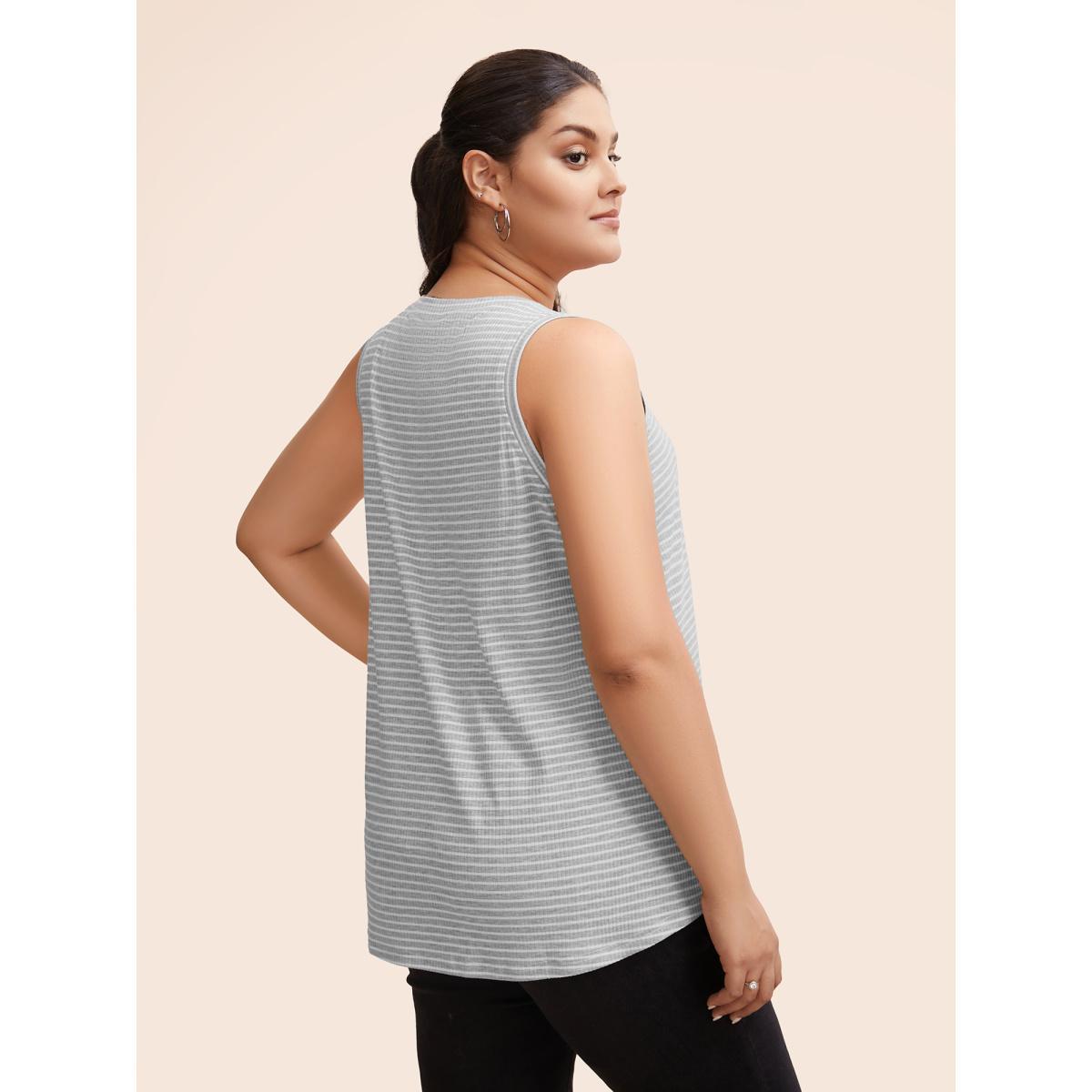 Plus Size Striped Pocket Arc Hem Tank Top Women Silver Casual Everyday Tank Tops Camis BloomChic 12/L Product Image