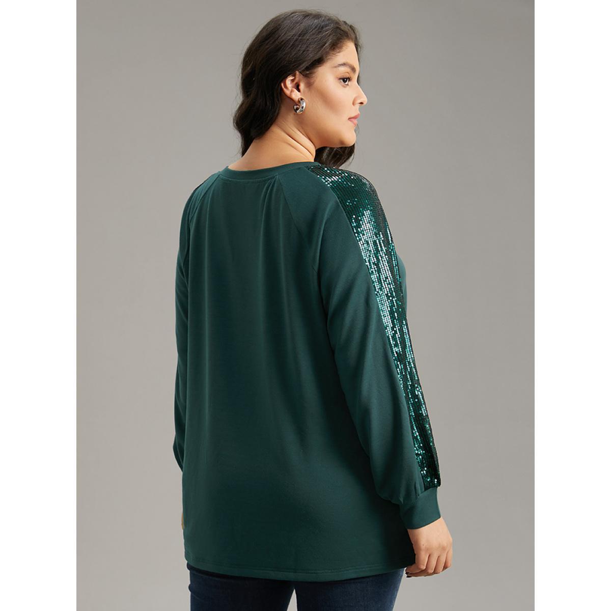 Plus Size Solid Sequin Patchwork Raglan Sleeve Sweatshirt Women DarkGreen Elegant Elastic cuffs Round Neck Dailywear Sweatshirts BloomChic 12/L Product Image