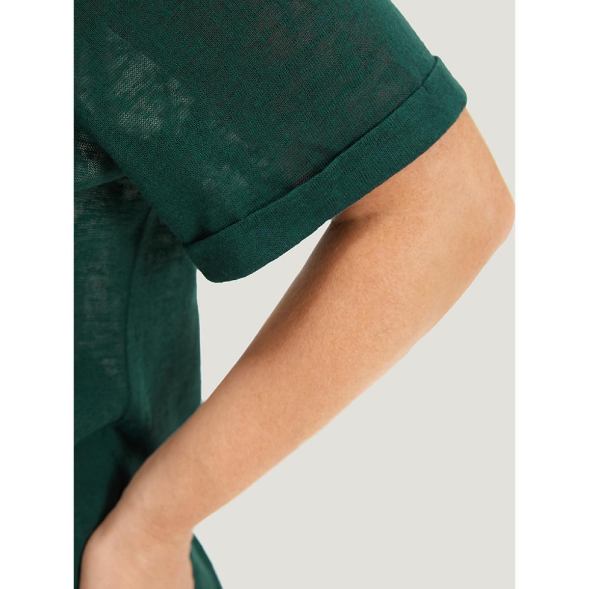 Plus Size Solid Keyhole Mesh Cuffed Sleeve T-shirt DarkGreen Women Casual See through Plain Keyhole Cut-Out Dailywear T-shirts BloomChic 14-16/1X Product Image