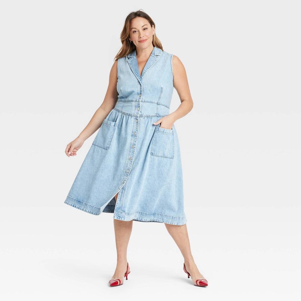 Women's Midi A-Line Dress - Ava & Viv™ Light Wash 22: Sleeveless, Collared, Front Button Down Product Image