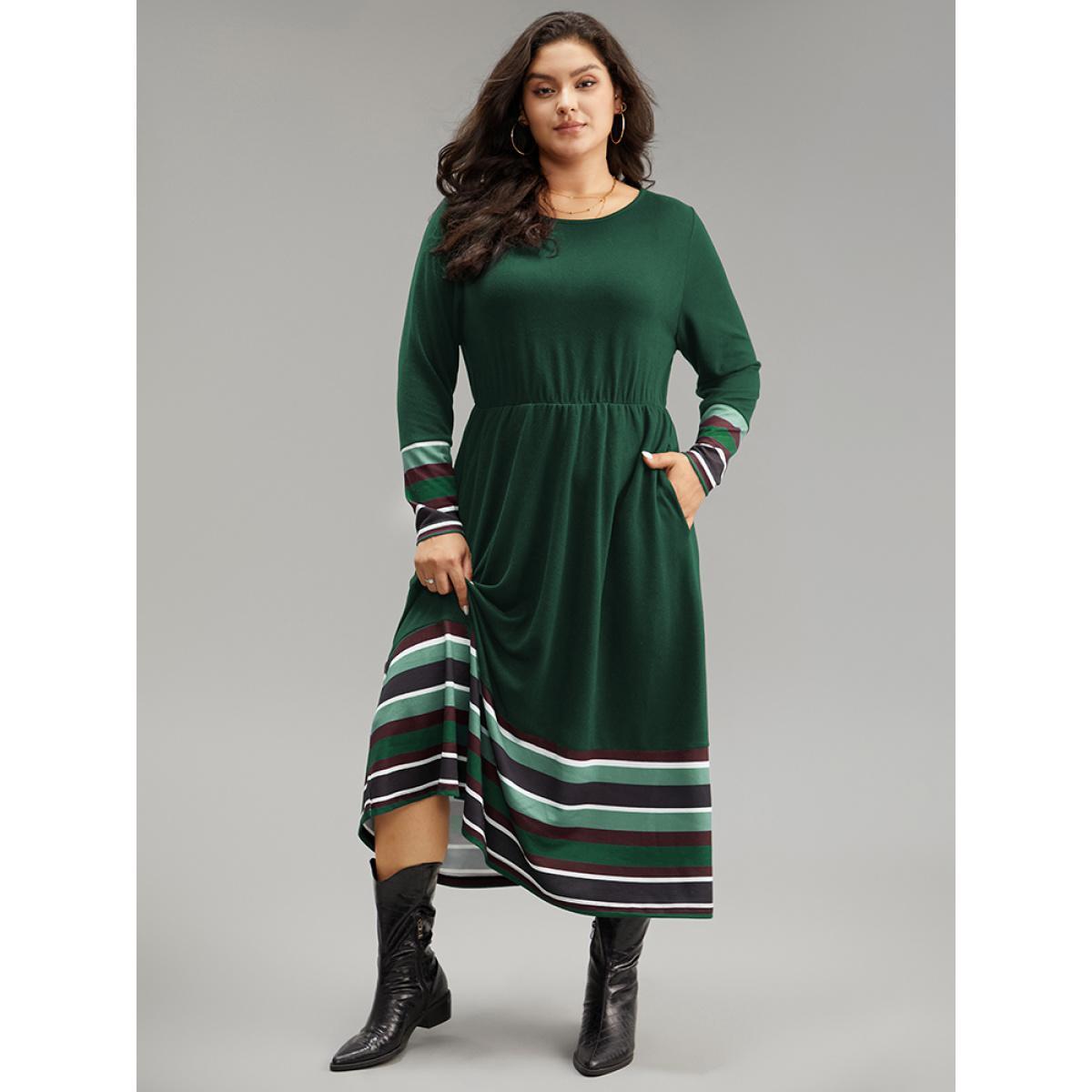 Plus Size Striped Patchwork Contrast Crew Neck Dress DarkGreen Women Casual Contrast Round Neck Long Sleeve Curvy Midi Dress BloomChic 22-24/3X Product Image