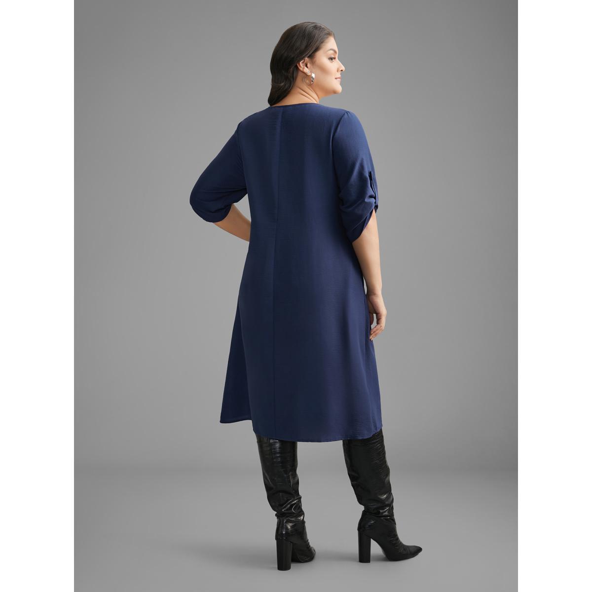 Plus Size Solid Half Zip Tab Sleeve Dress Navy Women At the Office Non V-neck Elbow-length sleeve Curvy BloomChic 30/6X Product Image