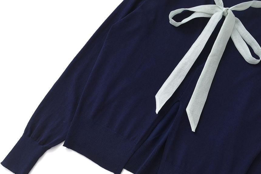 Round Neck Plain Bow Sweater Product Image