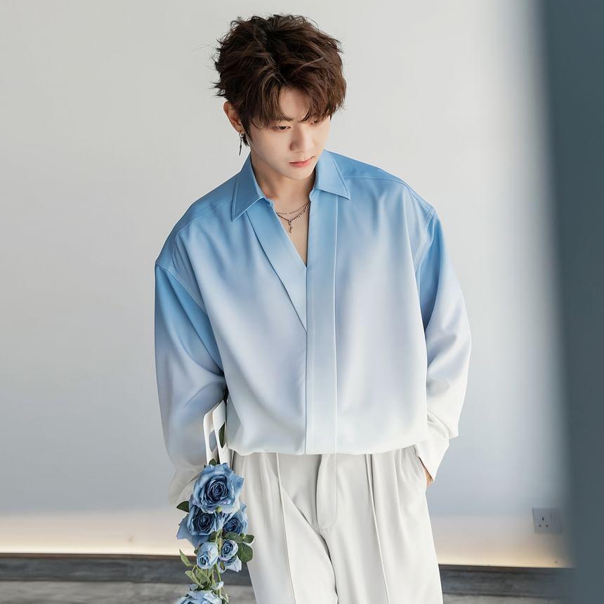 Long-Sleeve V-Neck Collared Gradient Shirt Product Image