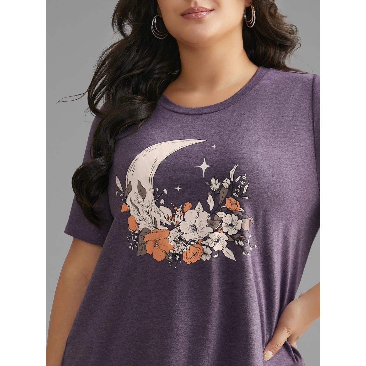 Plus Size Round Neck Moon & Floral Print T-shirt Eggplant Women Casual Non Natural Flowers Round Neck Everyday T-shirts BloomChic 18-20/2X Product Image